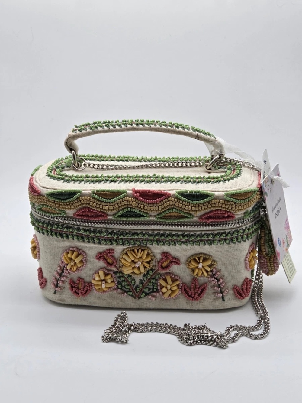 Handcrafted in India - Embroidered Floral Crossbody Bag - Cream & Pastel